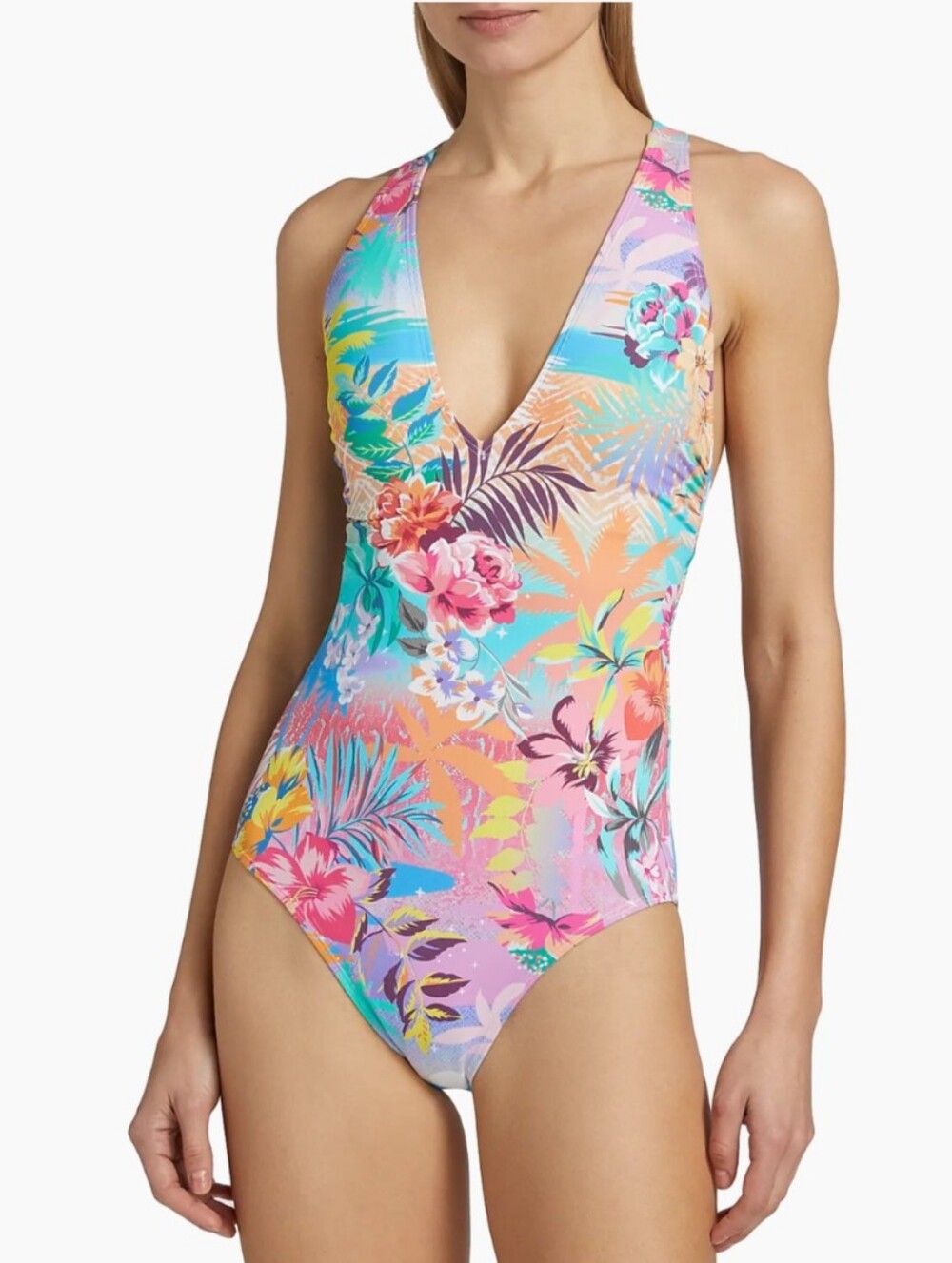 Johnny Was Floral V-Neck One-Piece Swimsuit - SIZE L
